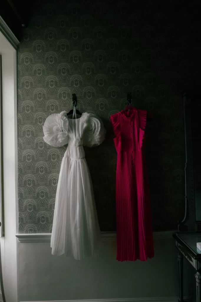 Wedding Dresses hung inside Avington Park.