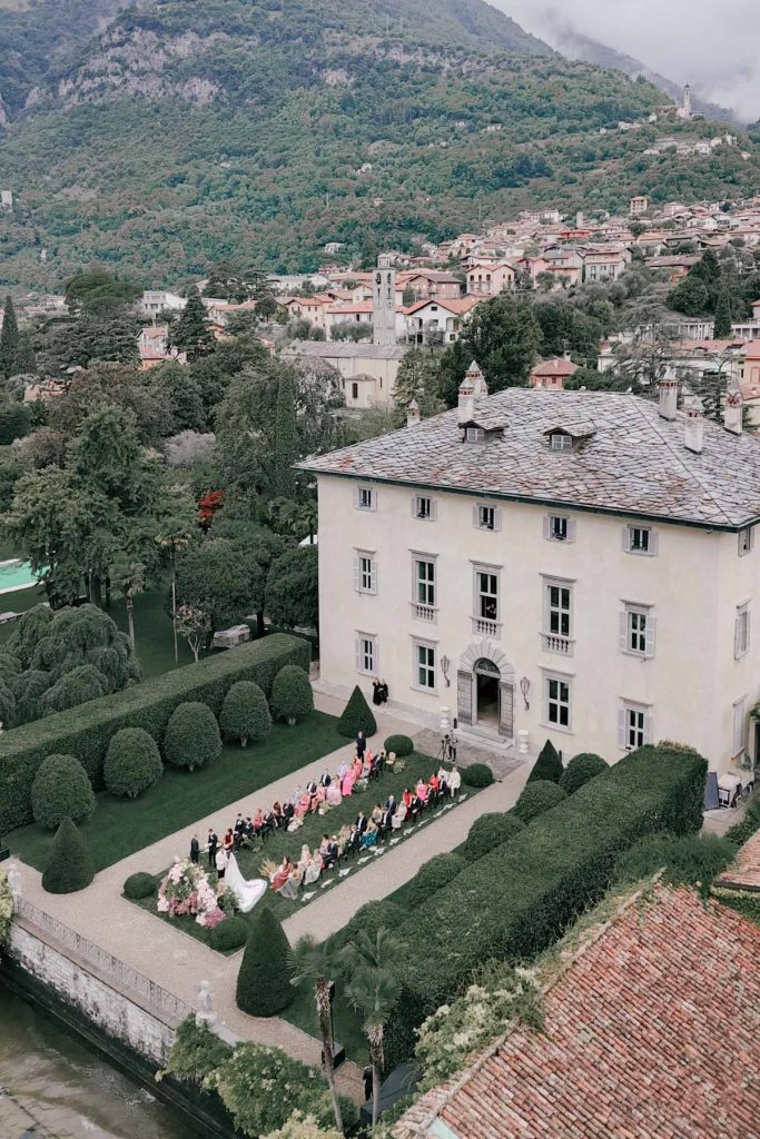 An arial view of Alex and Julian's Villa Balbiano Wedding in Lake Como.